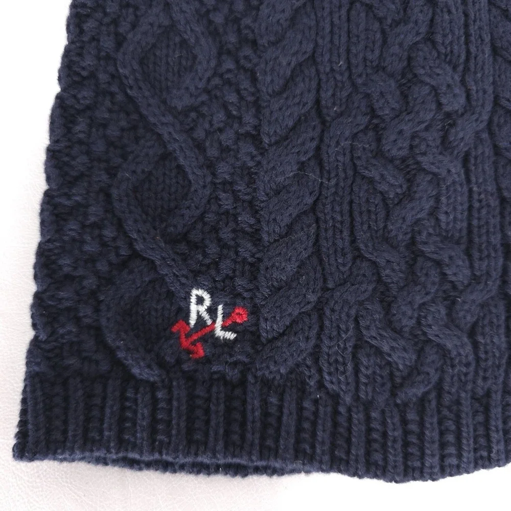 POLO RALPH LAUREN New Beanie One Size 7-16 Navy Blue Aran Cable Knit Embroidered